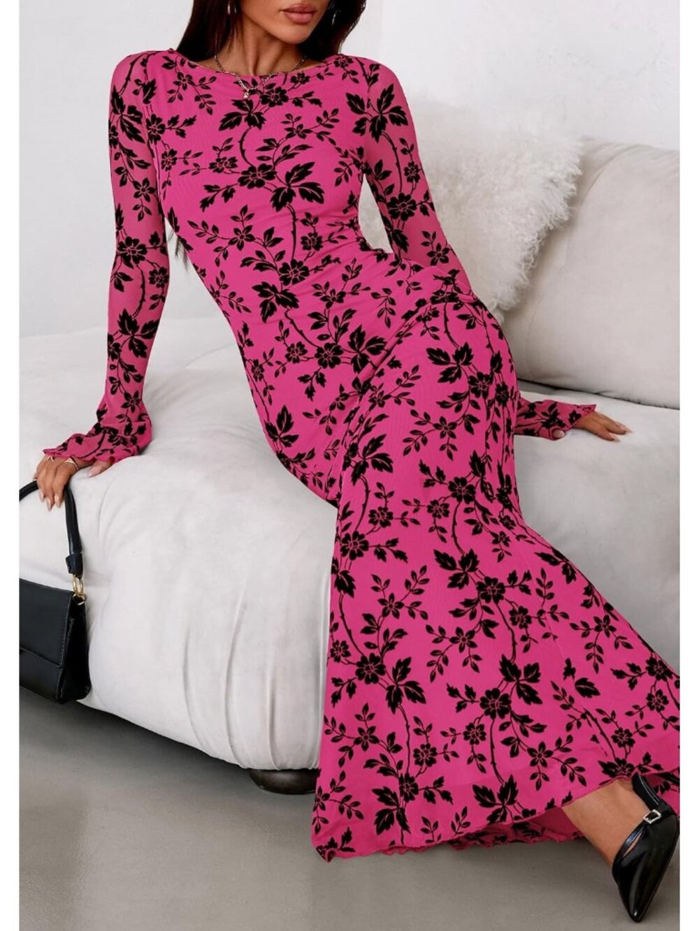 Women's Hot Pink Slim Fitted Boat Neck Long Sleeves Floral Bodycon Maxi Dresses - Picture 6 of 6